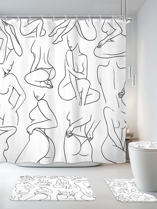 Other - 4PCs Abstract Black White Bathroom Sets Women Line Shower Curtain Set 72Wx72H Mo